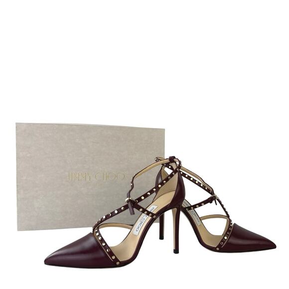 Jimmy Choo Tiff Burgundy Leather Studded Ankle Strap Stiletto Heels Sandals 5 - Picture 7 of 7